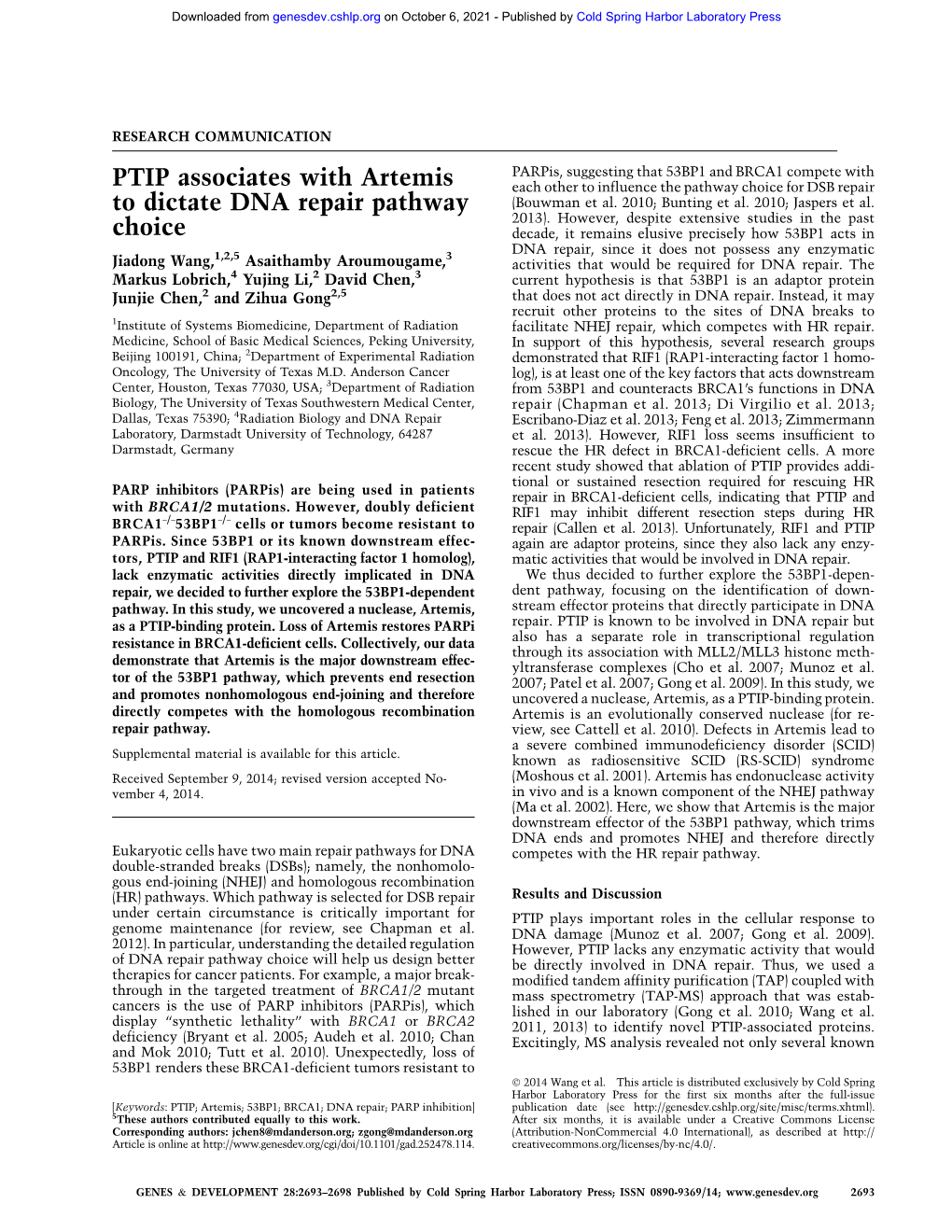 PTIP Associates with Artemis to Dictate DNA Repair Pathway Choice