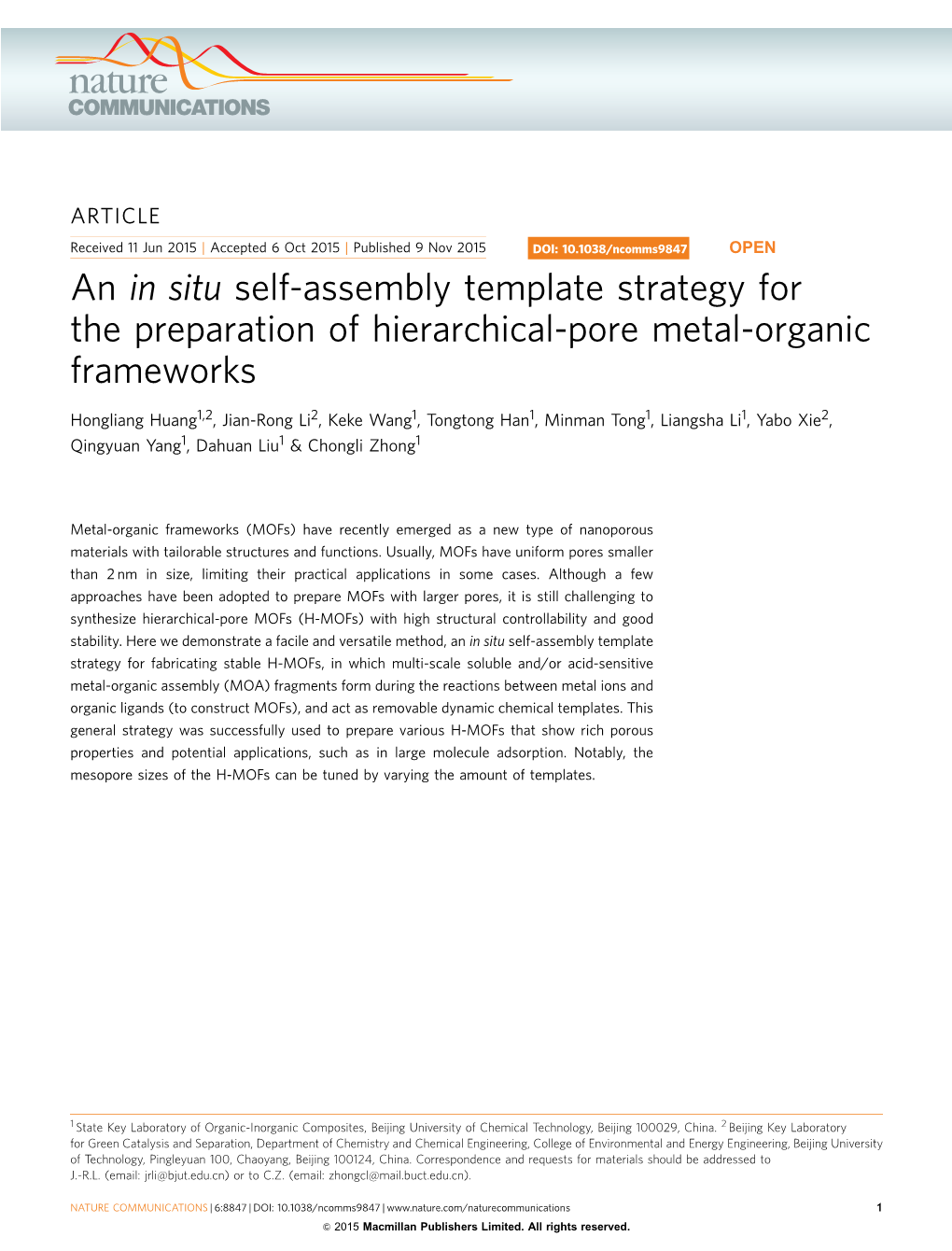 An in Situ Self-Assembly Template Strategy for the Preparation of Hierarchical-Pore Metal-Organic Frameworks