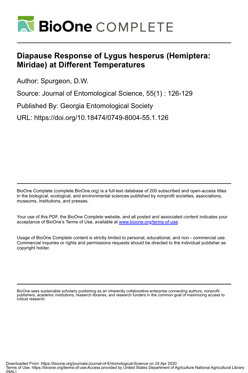 Diapause Response of Lygus Hesperus (Hemiptera: Miridae) at Different Temperatures