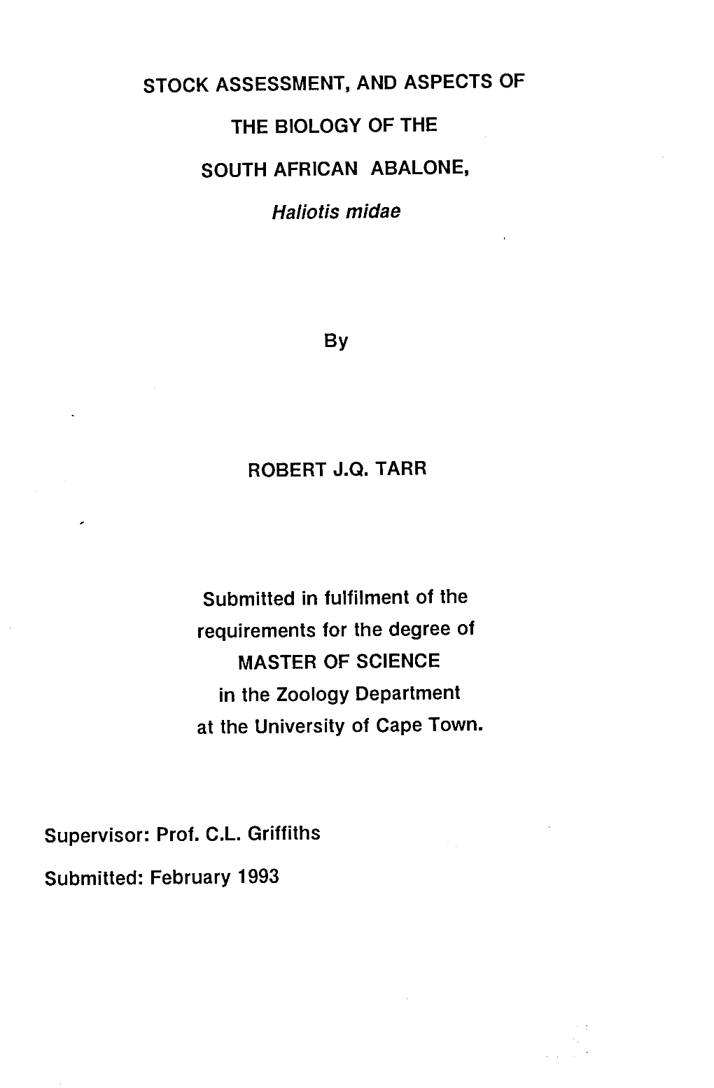 Stock Assessment, and Aspects of the Biology of the South African