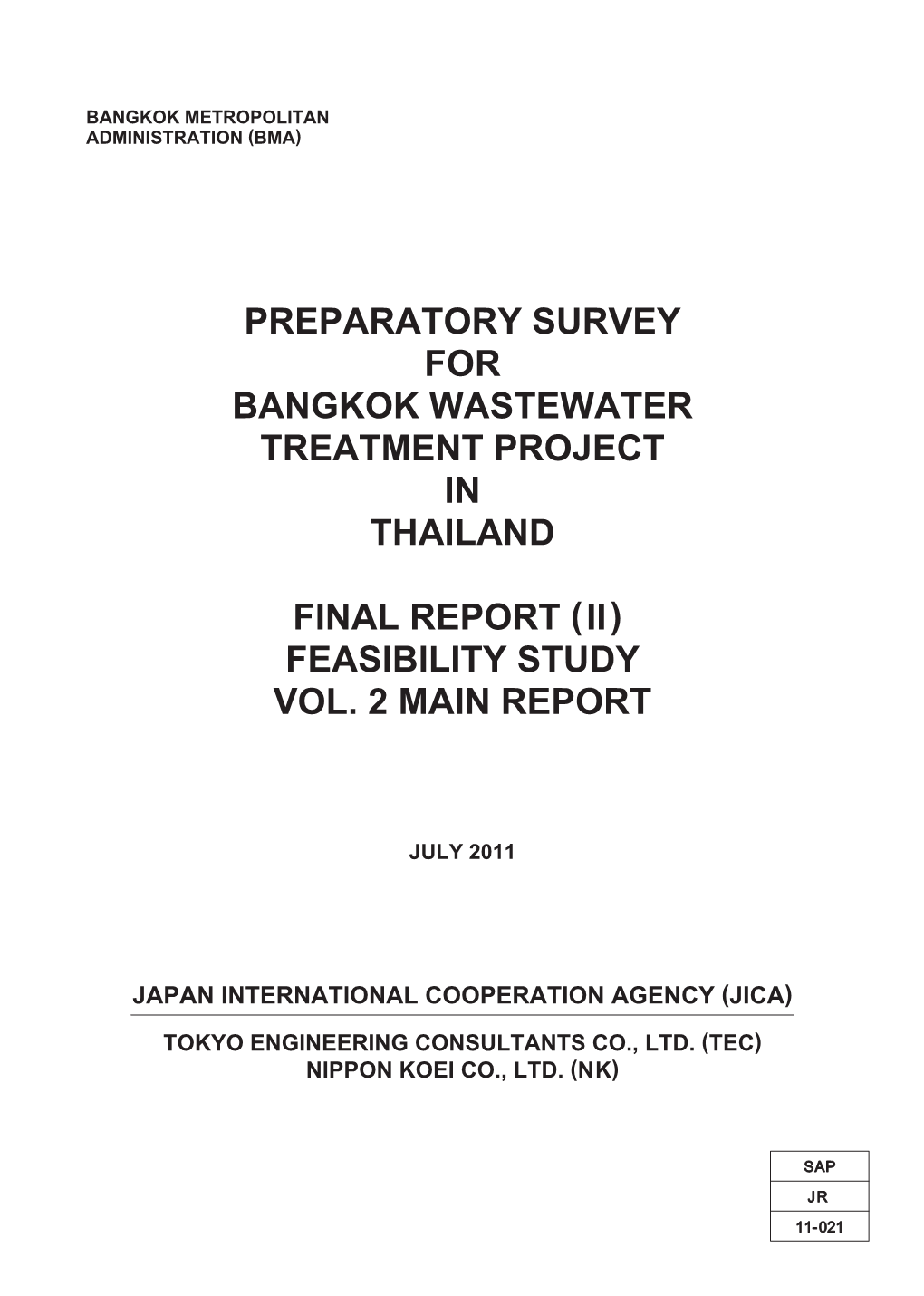 Preparatory Survey for Bangkok Wastewater Treatment Project in Thailand