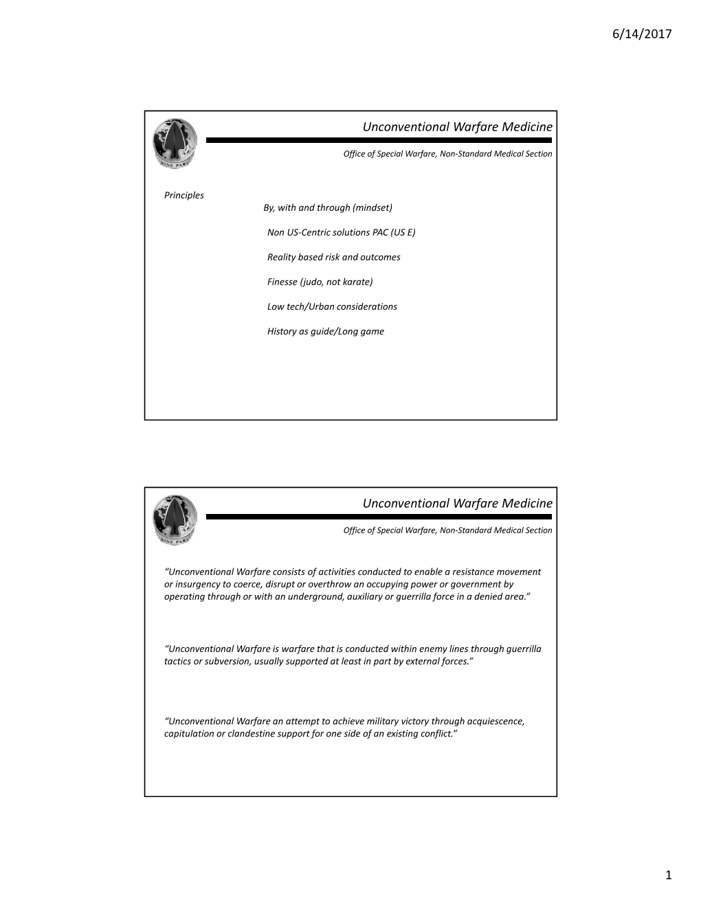 6/14/2017 1 Unconventional Warfare Medicine Unconventional Warfare