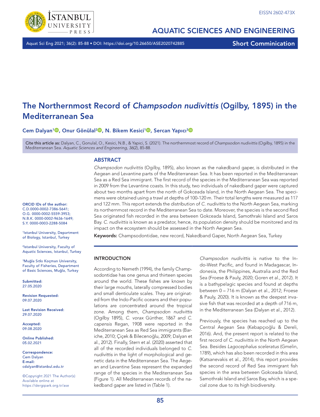 The Northernmost Record of Champsodon Nudivittis (Ogilby, 1895) in the Mediterranean Sea