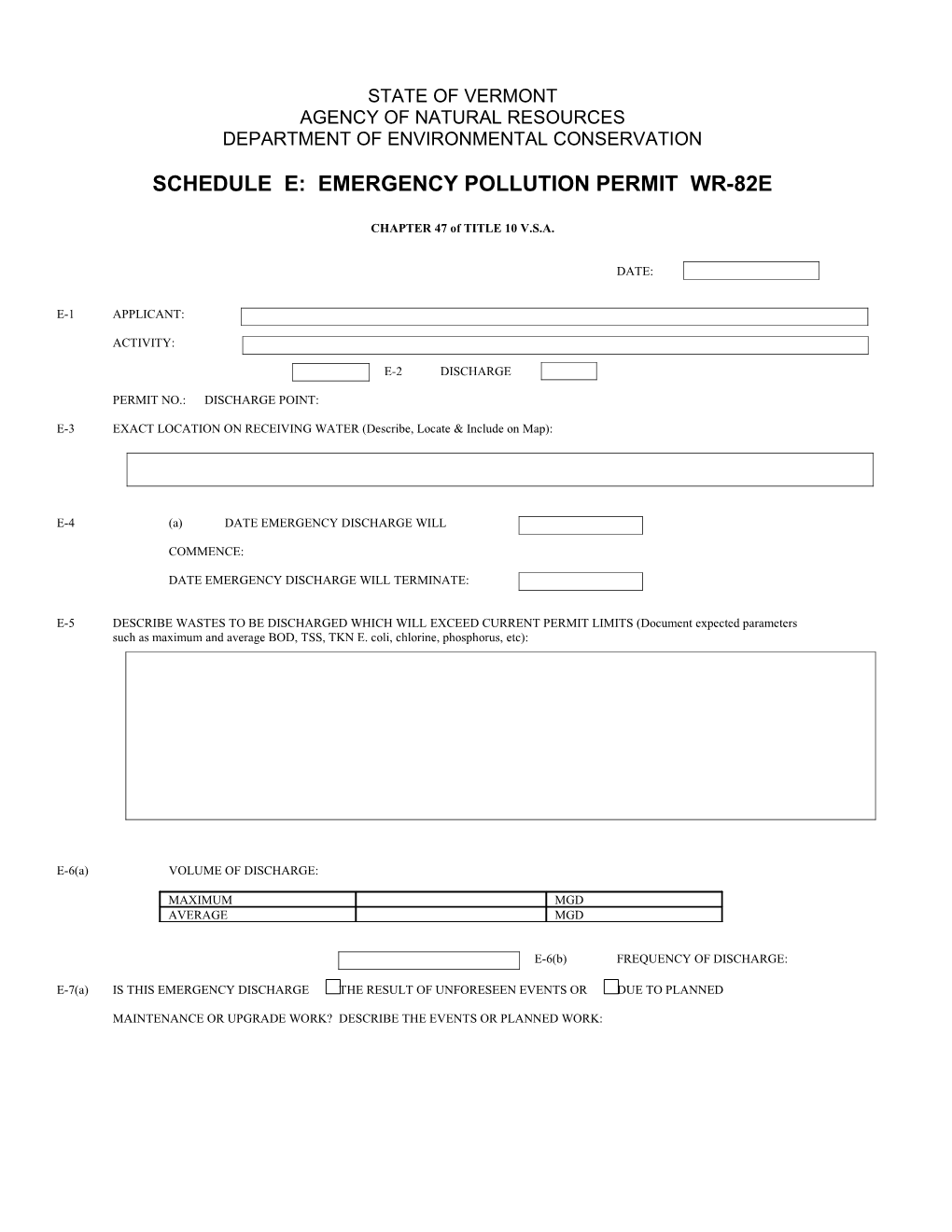 Schedule E: Emergency Pollution Permit Wr-82E