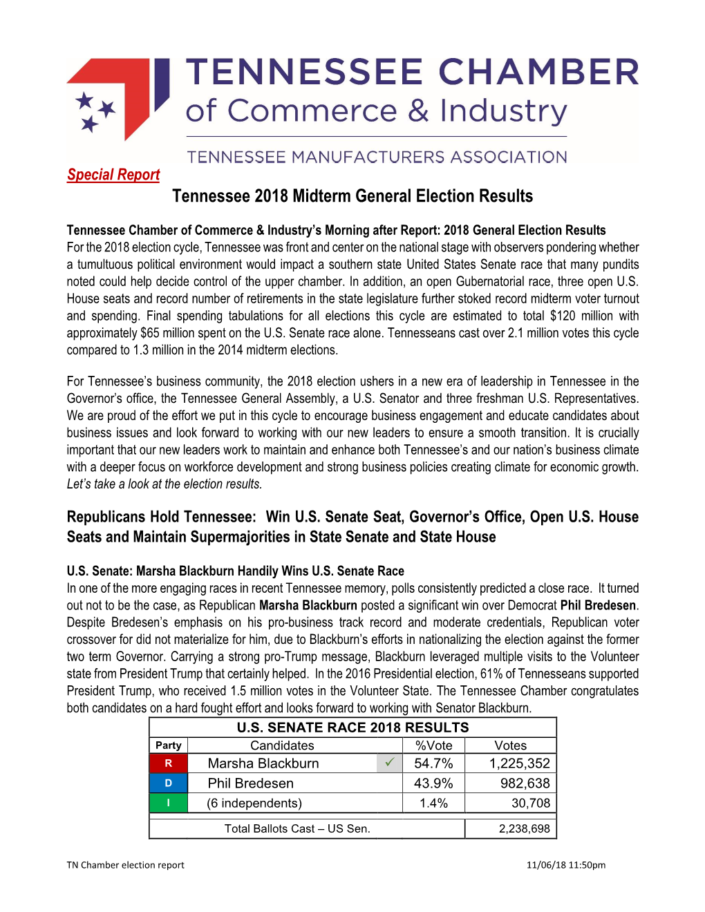 Tennessee 2018 Midterm General Election Results
