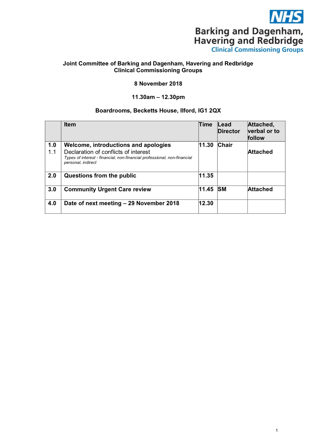 Joint Committee of Barking and Dagenham, Havering and Redbridge Clinical Commissioning Groups