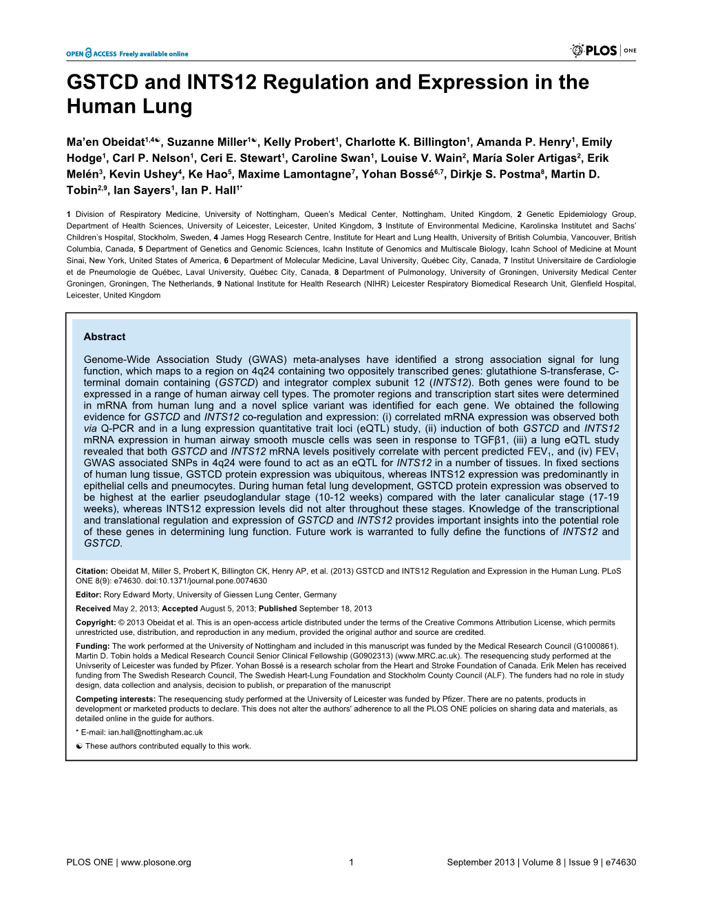 GSTCD and INTS12 Regulation and Expression in the Human Lung