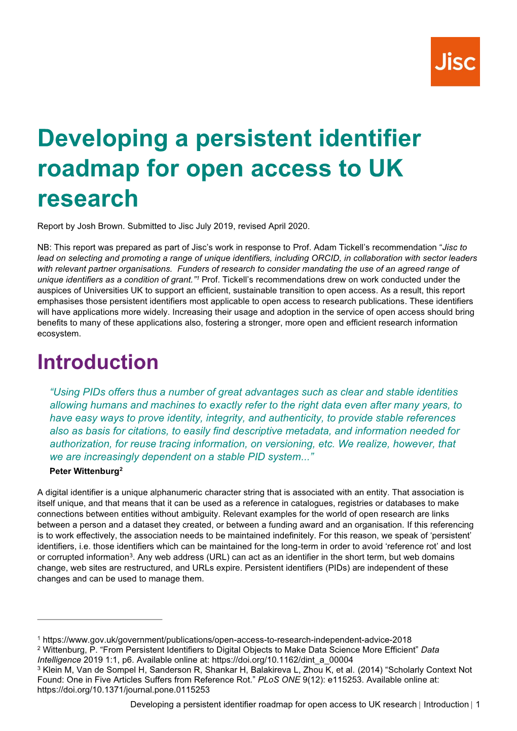 Developing a Persistent Identifier Roadmap for Open Access to UK Research