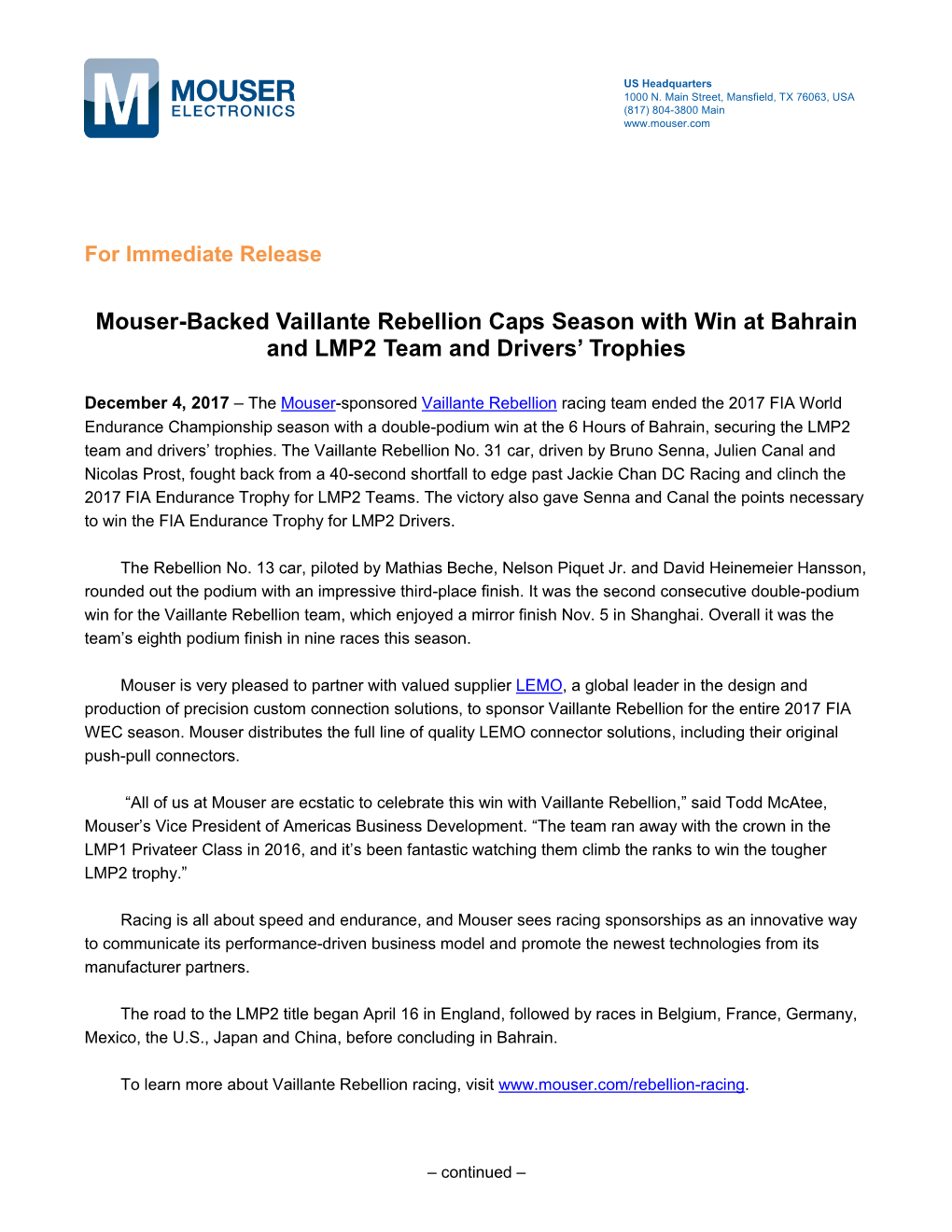 Mouser-Backed Vaillante Rebellion Wraps Season with Win at Bahrain