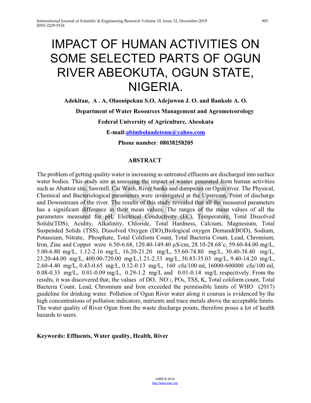 Impact of Human Activities on Some Selected Parts of Ogun River Abeokuta, Ogun State, Nigeria