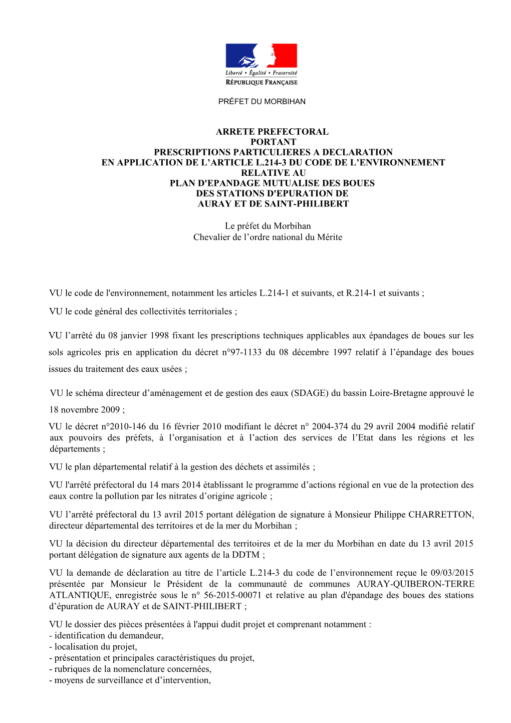 Arrêté De Prescriptions Particulières Du 19/05/2015