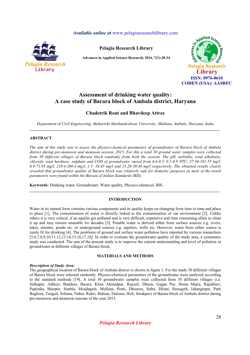 Assessment of Drinking Water Quality: a Case Study of Barara Block of Ambala District, Haryana