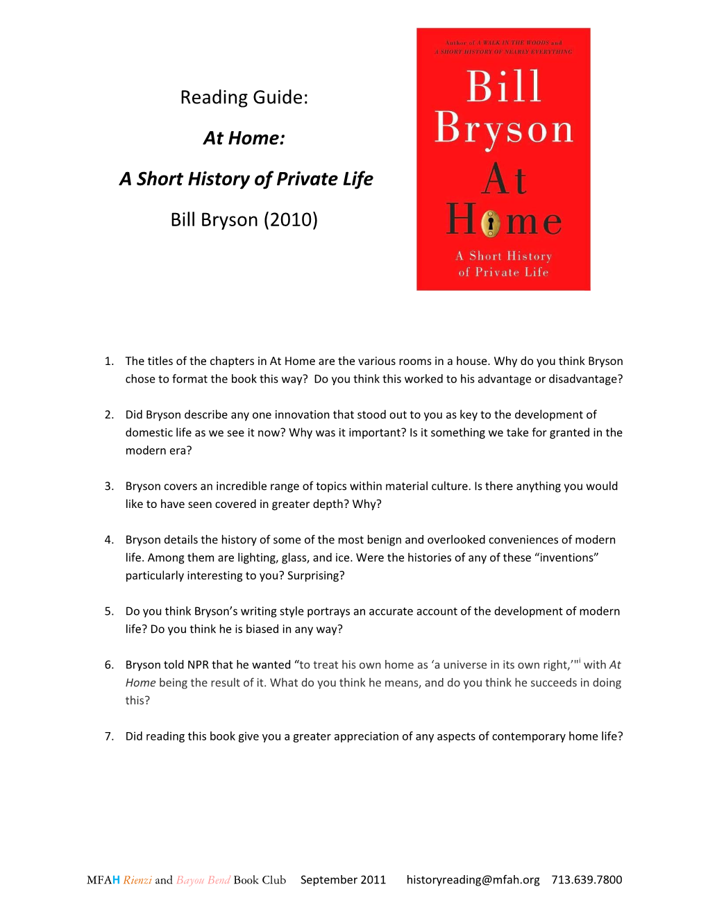 Reading Guide: at Home: a Short History of Private Life Bill Bryson (2010)