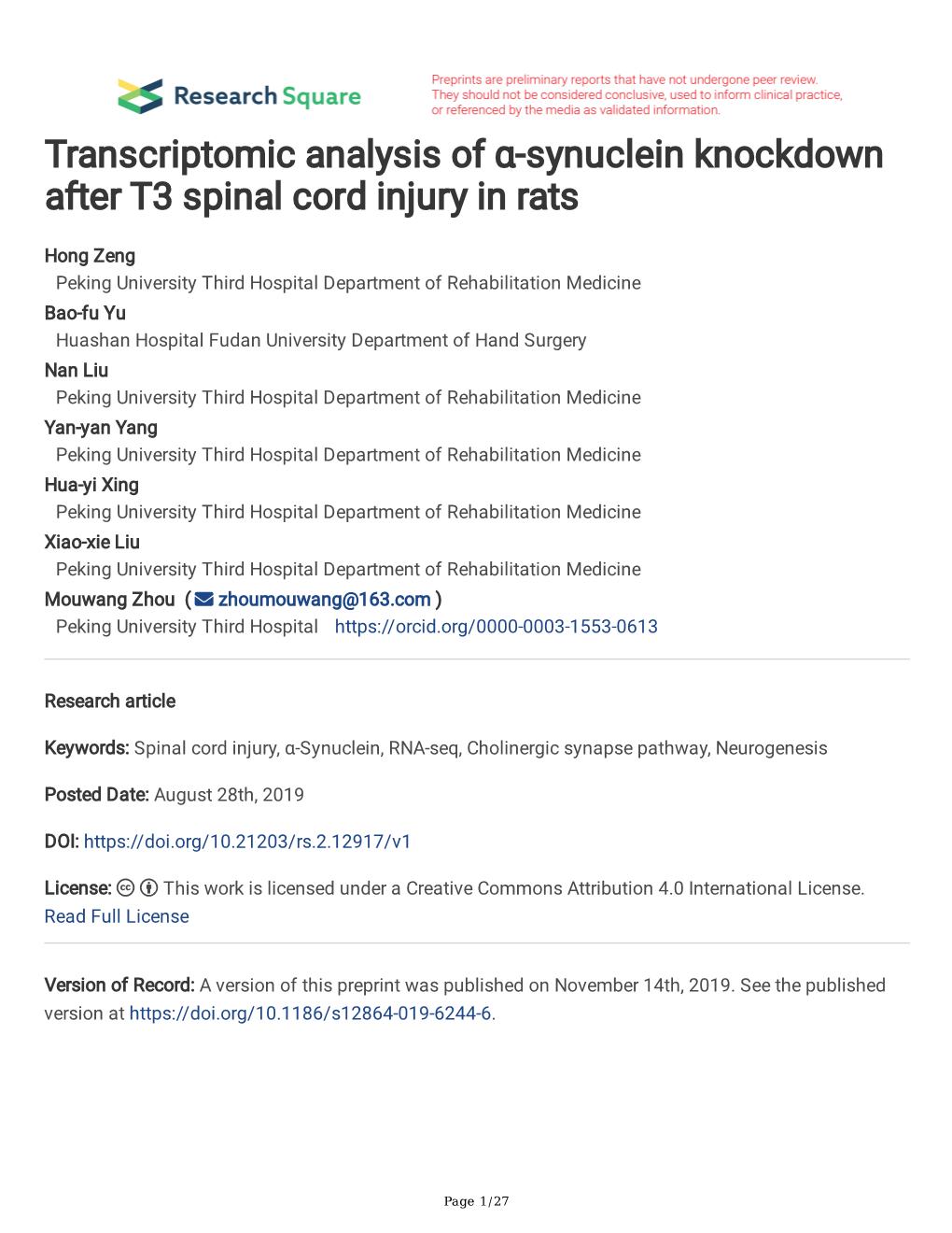 Transcriptomic Analysis of Α-Synuclein Knockdown After T3 Spinal Cord Injury in Rats