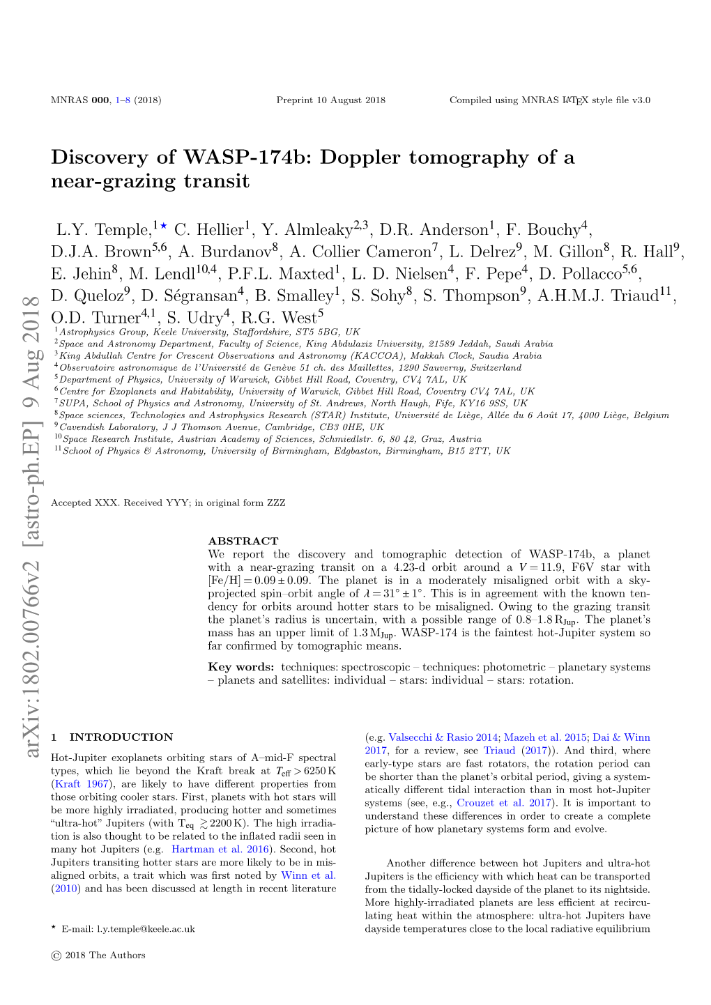 Discovery of WASP-174B: Doppler Tomography of a Near-Grazing Transit