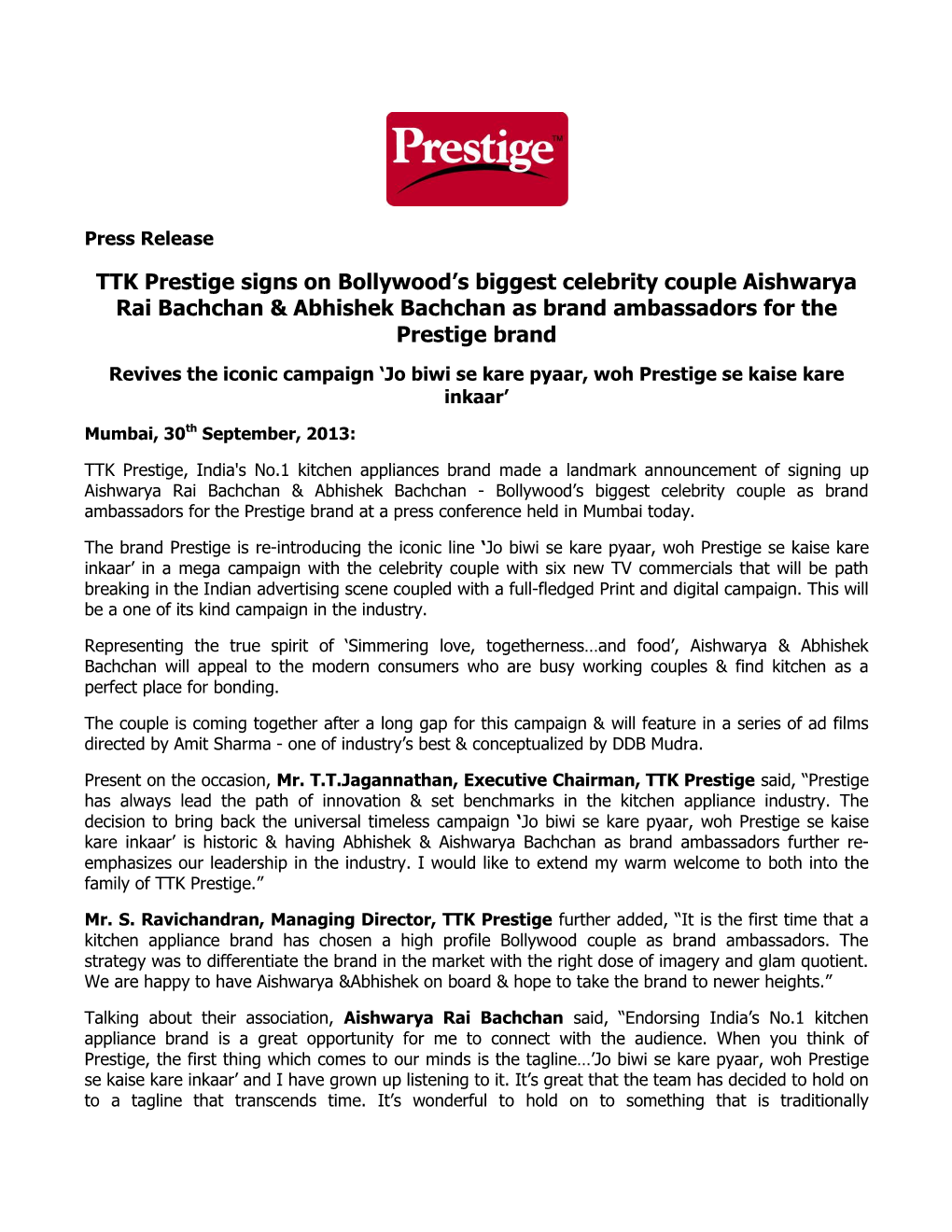 TTK Prestige Signs on Bollywood's Biggest Celebrity Couple Aishwarya Rai Bachchan & Abhishek Bachchan As Brand Ambassadors