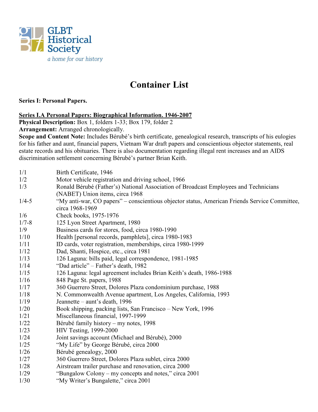 Container List for the Allan Bérubé Papers