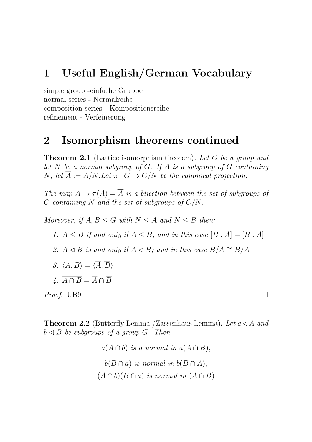 1 Useful English/German Vocabulary 2 Isomorphism Theorems Continued