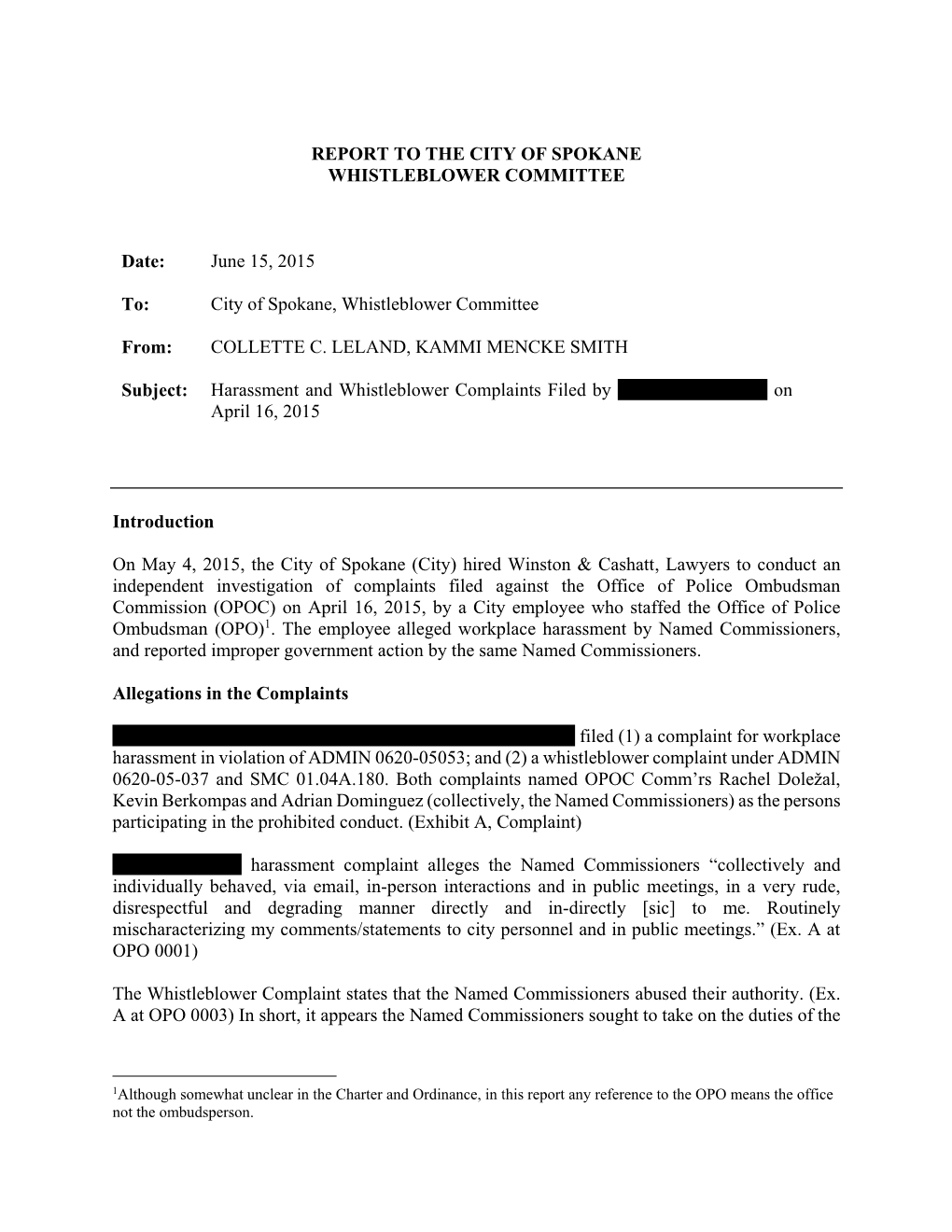 Report to the City of Spokane Whistleblower Committee