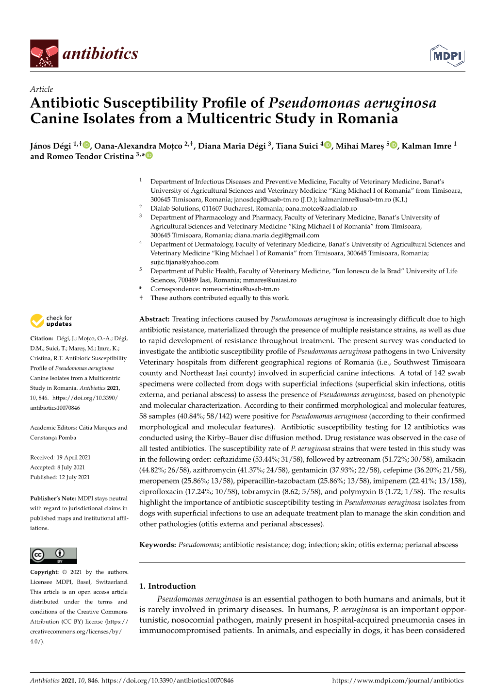 Antibiotic Susceptibility Profile of Pseudomonas Aeruginosa Canine Isolates from a Multicentric Study in Romania