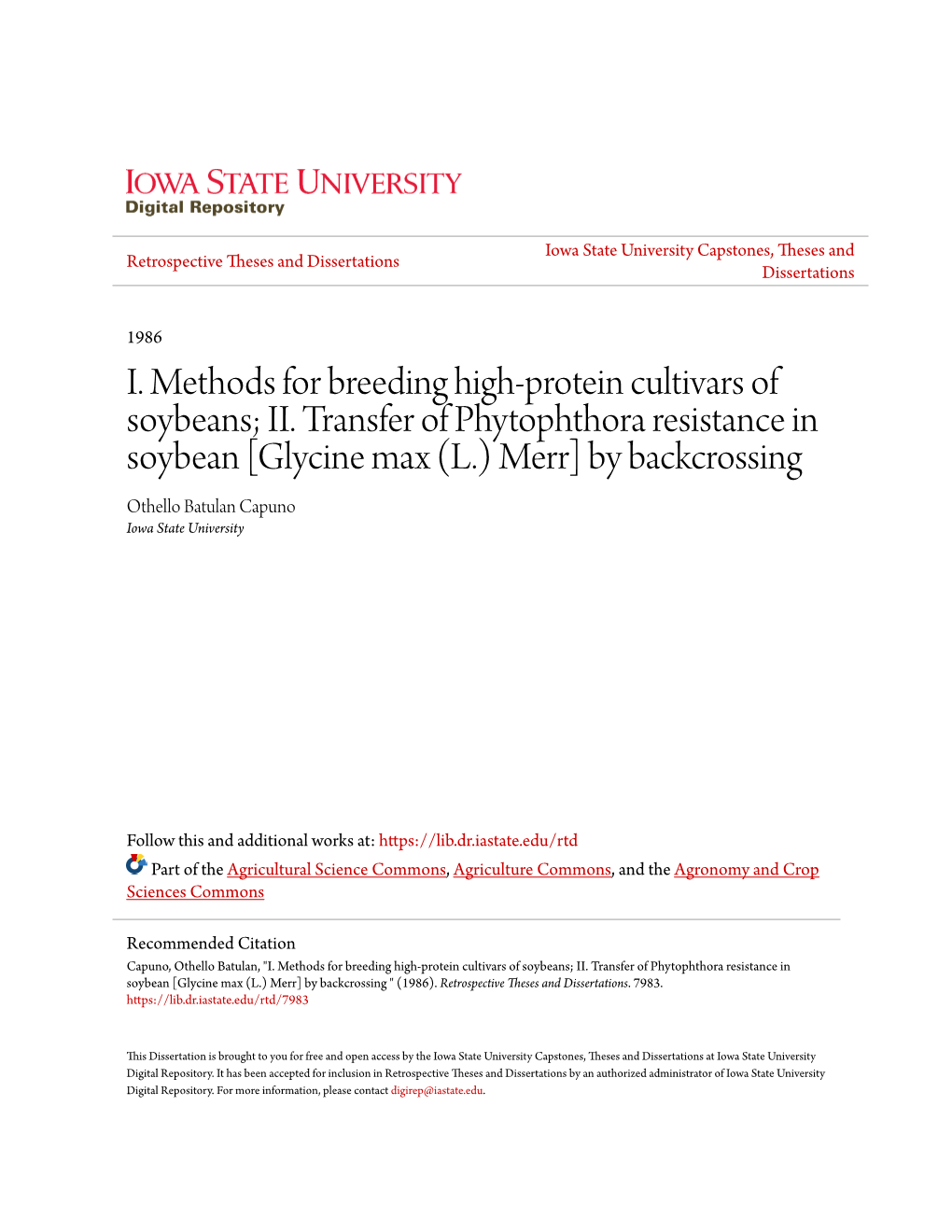 I. Methods for Breeding High-Protein Cultivars of Soybeans; II. Transfer Of