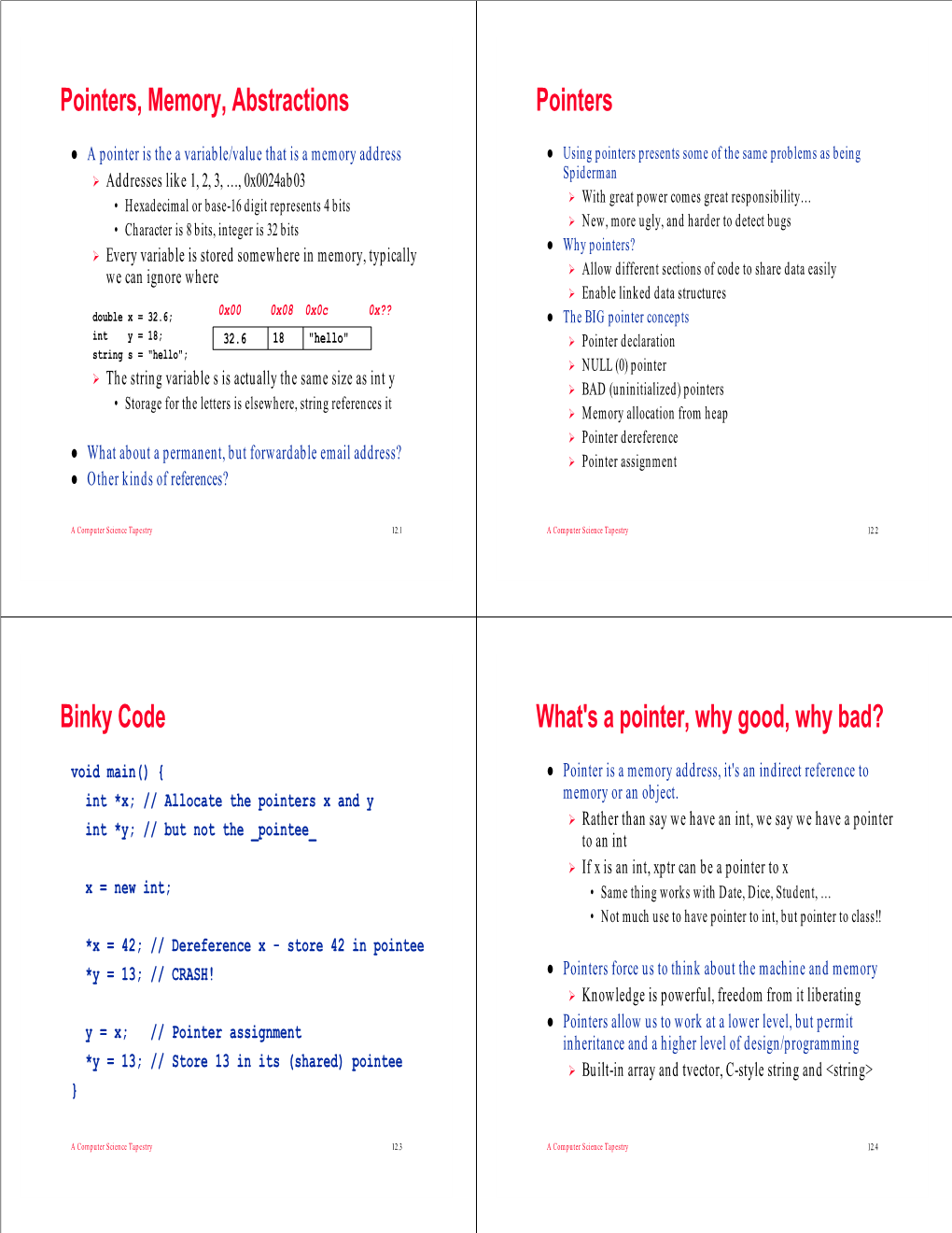 Pointers, Memory, Abstractions Pointers