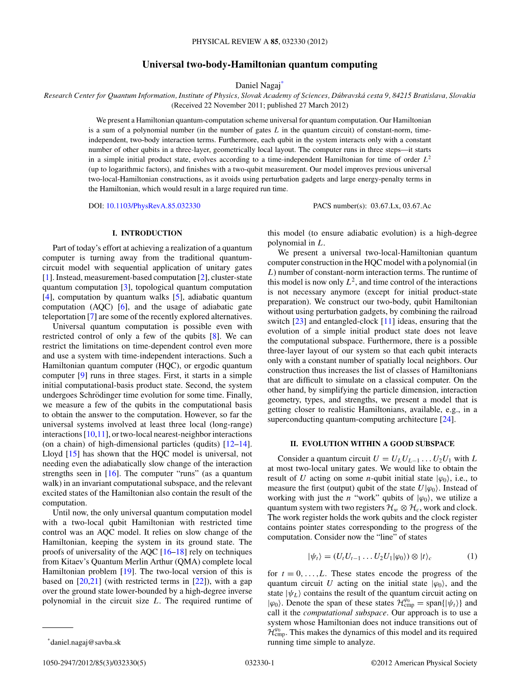 Universal Two-Body-Hamiltonian Quantum Computing