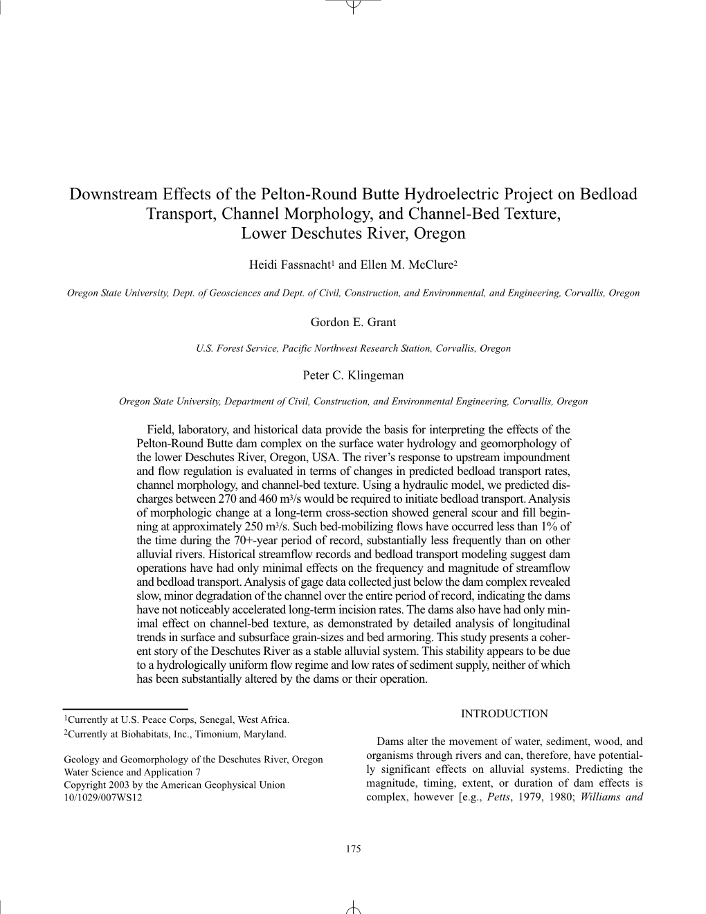 Downstream Effects of the Pelton-Round Butte Hydroelectric Project on Bedload Transport, Channel Morphology, and Channel-Bed Texture, Lower Deschutes River, Oregon