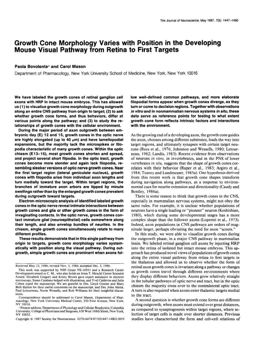 Growth Cone Morphology Varies with Position in the Developing Mouse Visual Pathway from Retina to First Targets