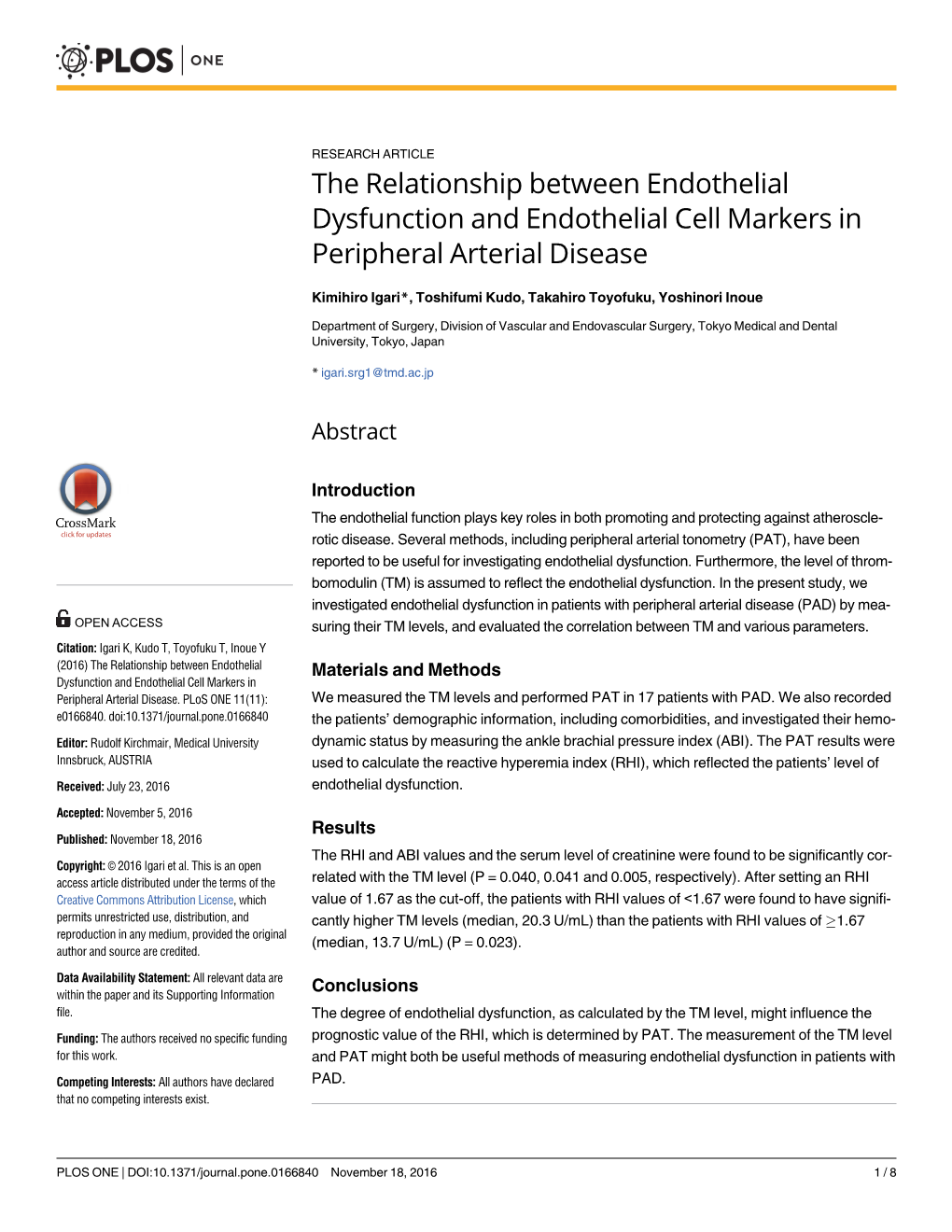 The Relationship Between Endothelial Dysfunction and Endothelial Cell Markers in Peripheral Arterial Disease