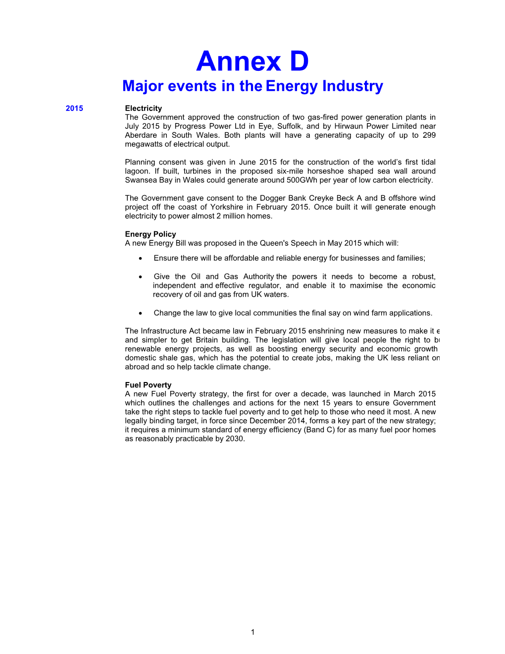 Annex D Major Events in the Energy Industry