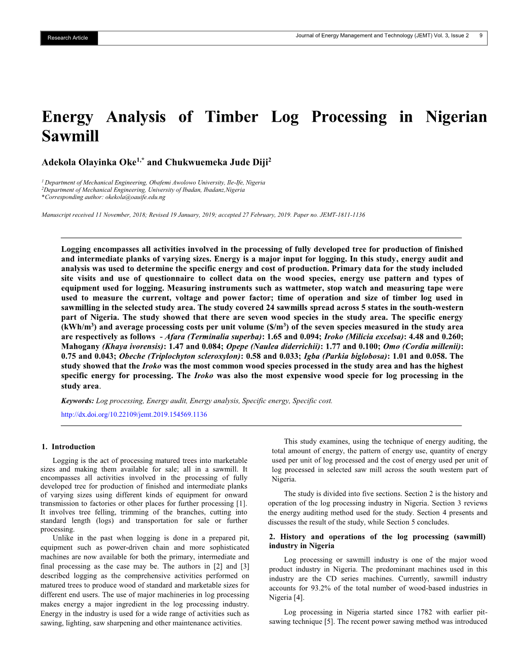 Energy Analysis of Timber Log Processing in Nigerian Sawmill