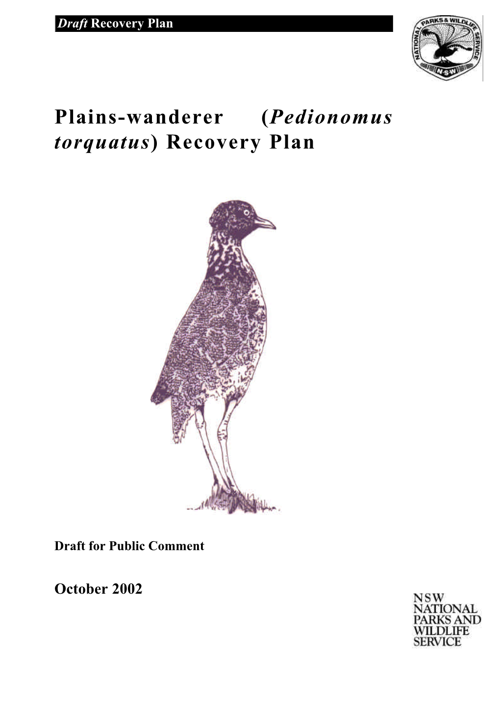 Plains-Wanderer (Pedionomus Torquatus) Recovery Plan