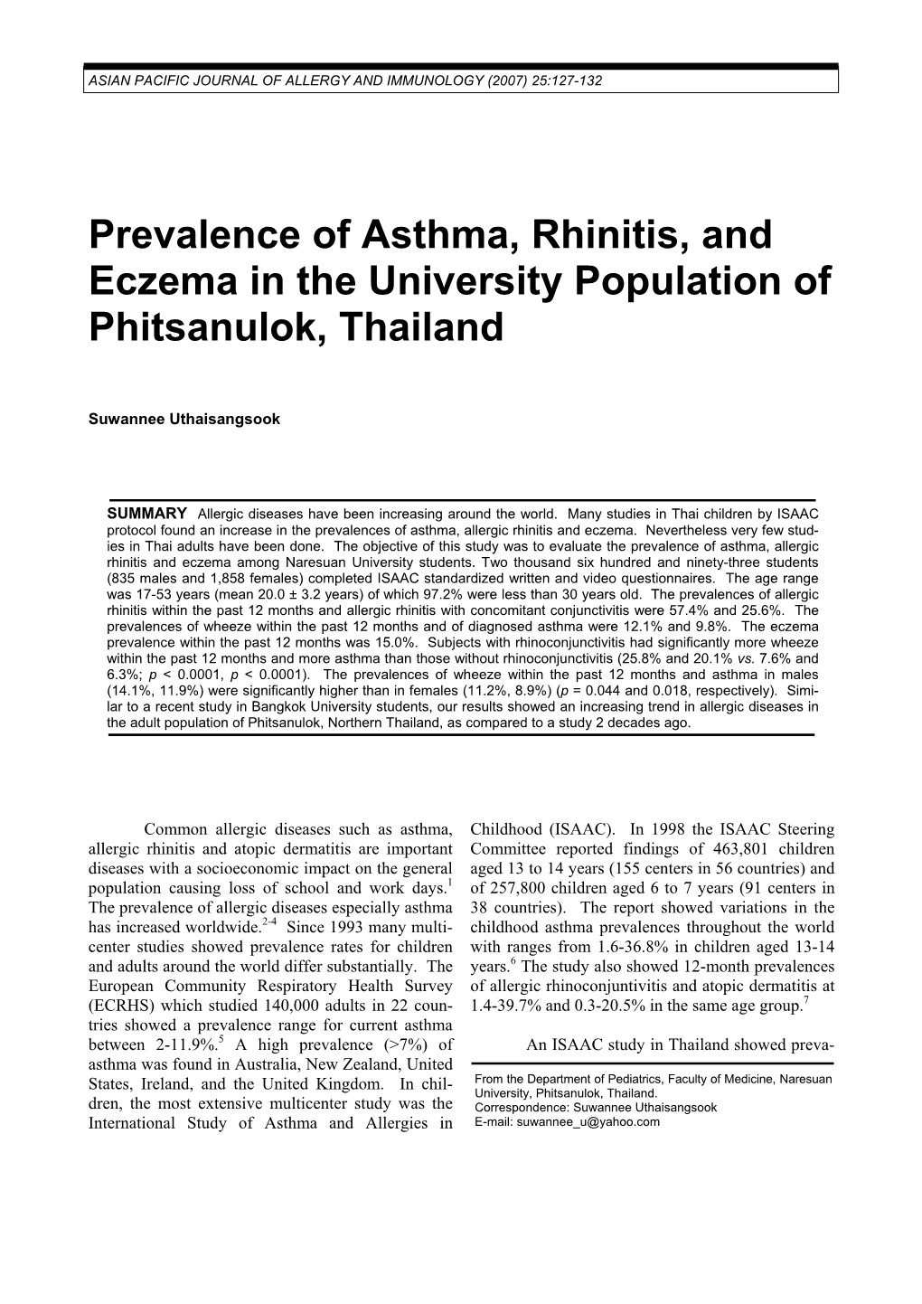 Prevalence of Allergy in Phitsanulok Thailand