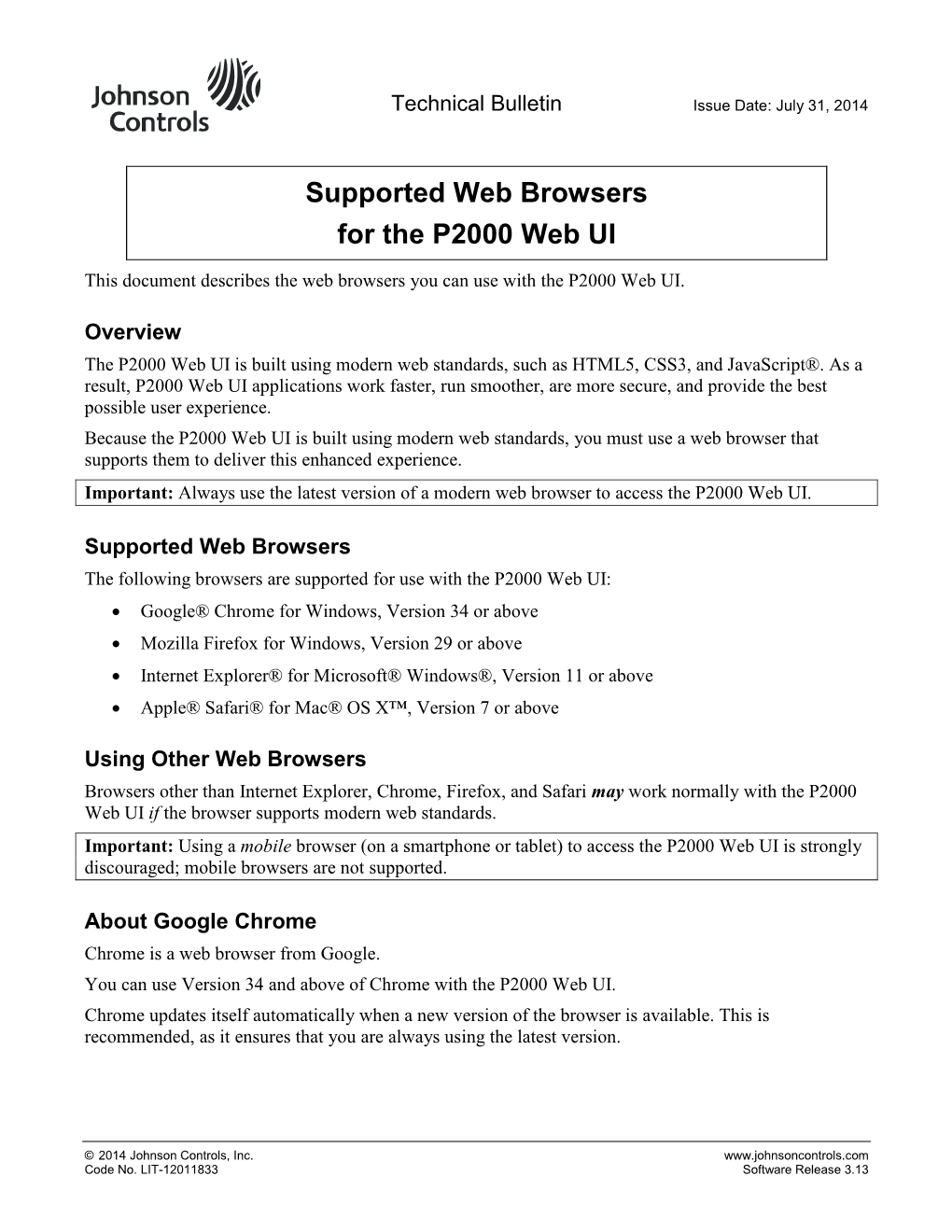 Supported Web Browsers for the P2000 Web UI Technical Bulletin