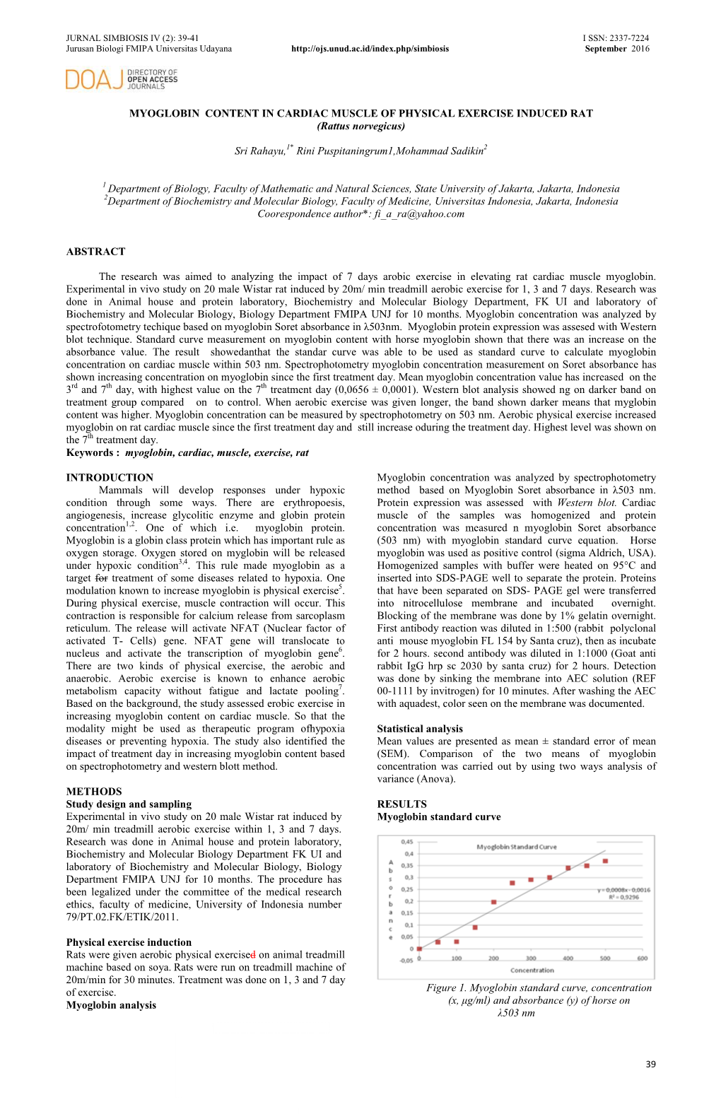 MYOGLOBIN CONTENT in CARDIAC MUSCLE of PHYSICAL EXERCISE INDUCED RAT (Rattus Norvegicus)