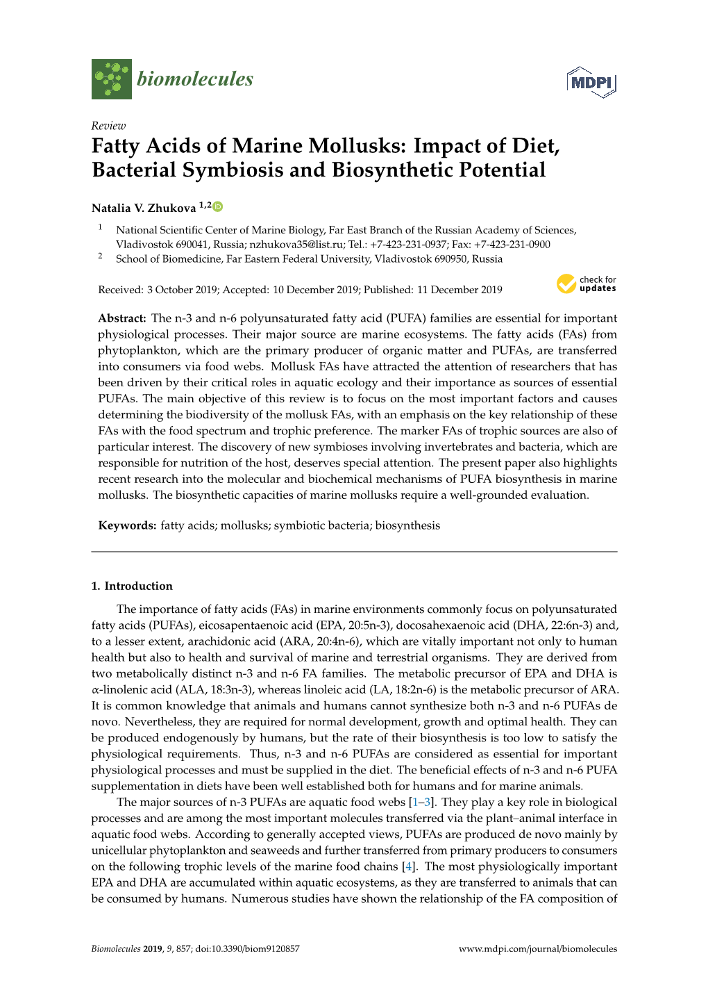 Fatty Acids of Marine Mollusks: Impact of Diet, Bacterial Symbiosis and Biosynthetic Potential