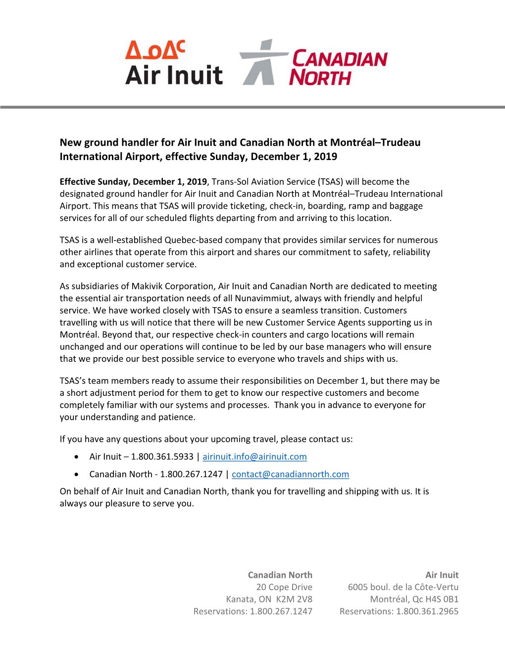 New Ground Handler for Air Inuit and Canadian North at Montréal–Trudeau International Airport, Effective Sunday, December 1, 2019