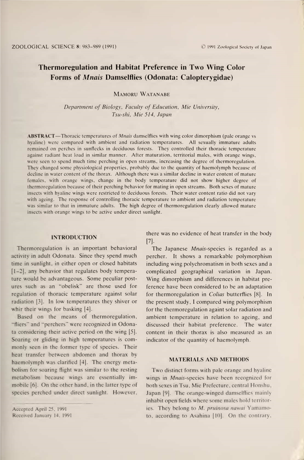 Thermoregulation and Habitat Preference in Two Wing Color Forms of Mnais Damselflies (Odonata: Calopterygidae)