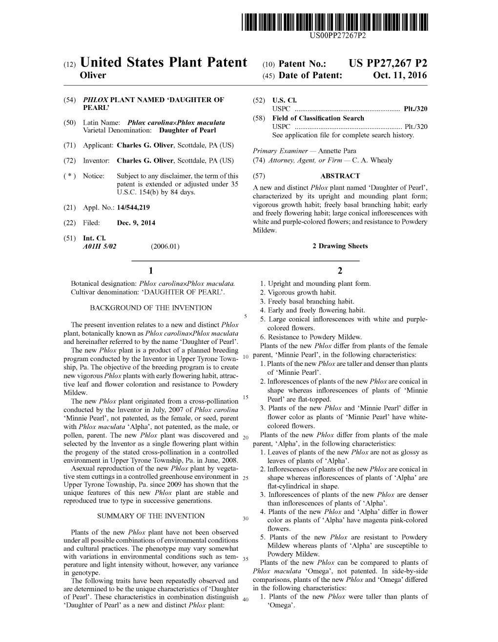 (12) United States Plant Patent (10) Patent No.: US PP27,267 P2 Oliver (45) Date of Patent: Oct