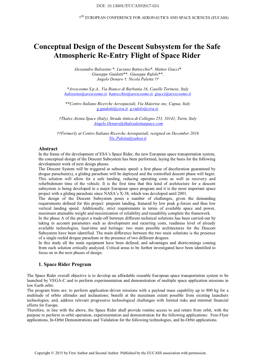 Conceptual Design of the Descent Subsystem for the Safe Atmospheric Re-Entry Flight of Space Rider