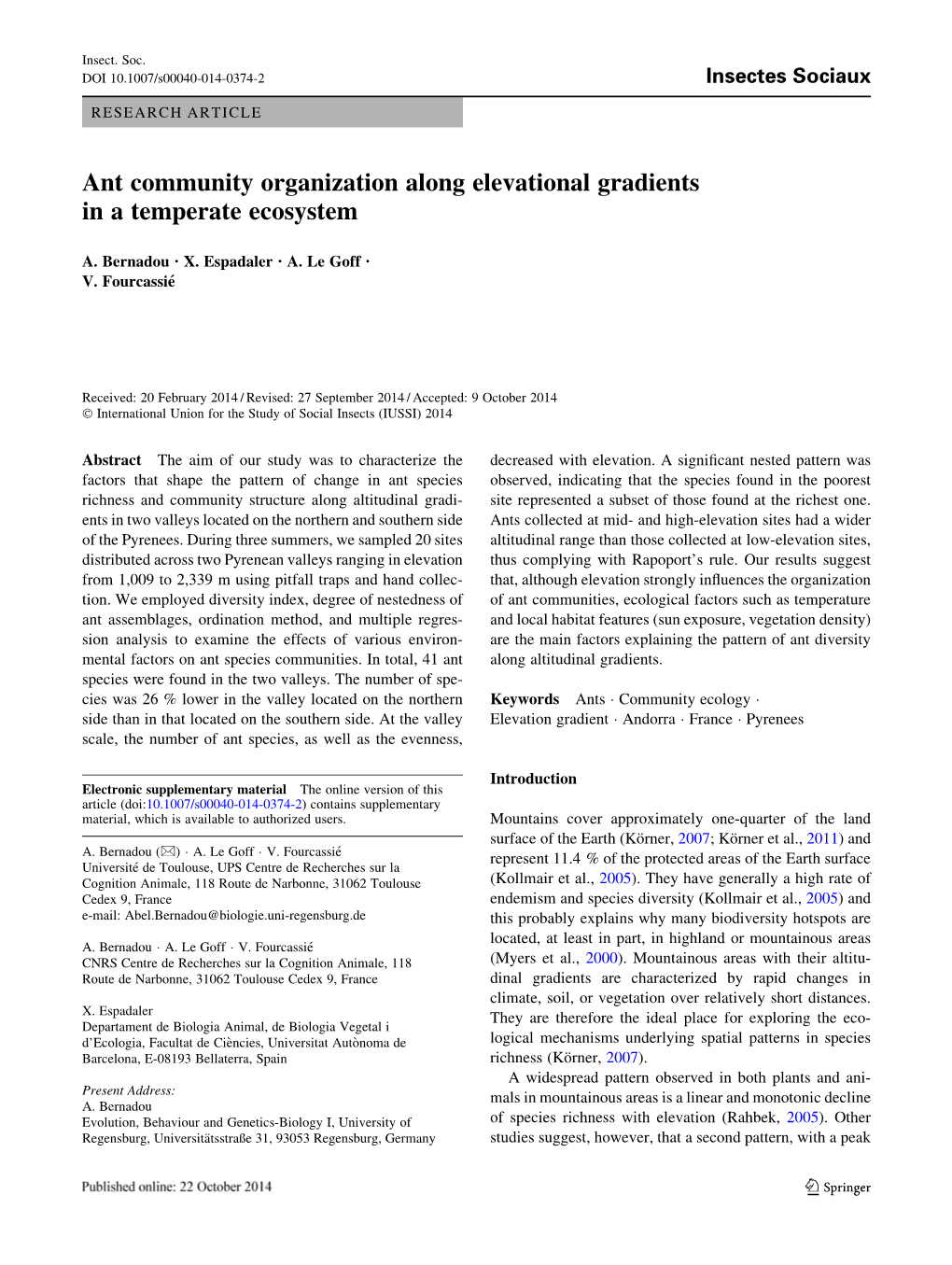 Ant Community Organization Along Elevational Gradients in a Temperate Ecosystem