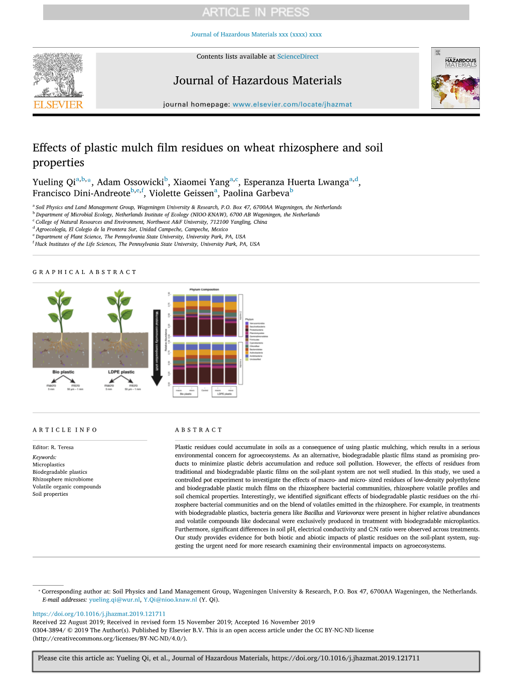 Effects of Plastic Mulch Film Residues on Wheat Rhizosphere and Soil