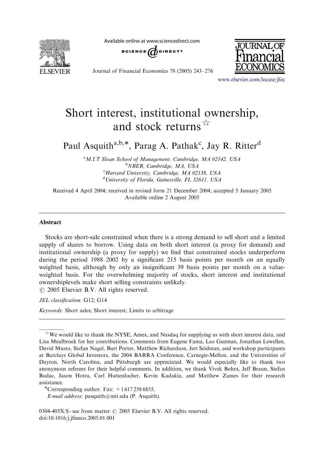 Short Interest, Institutional Ownership, and Stock Returns$