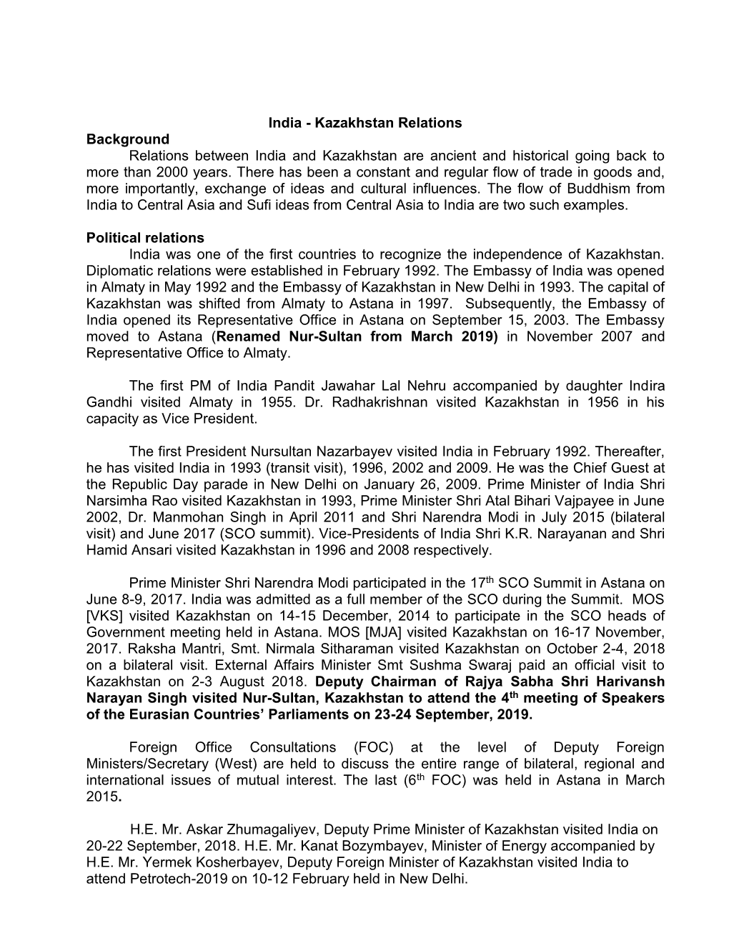 Kazakhstan Relations Background Relations Between India and Kazakhstan Are Ancient and Historical Going Back to More Than 2000 Years