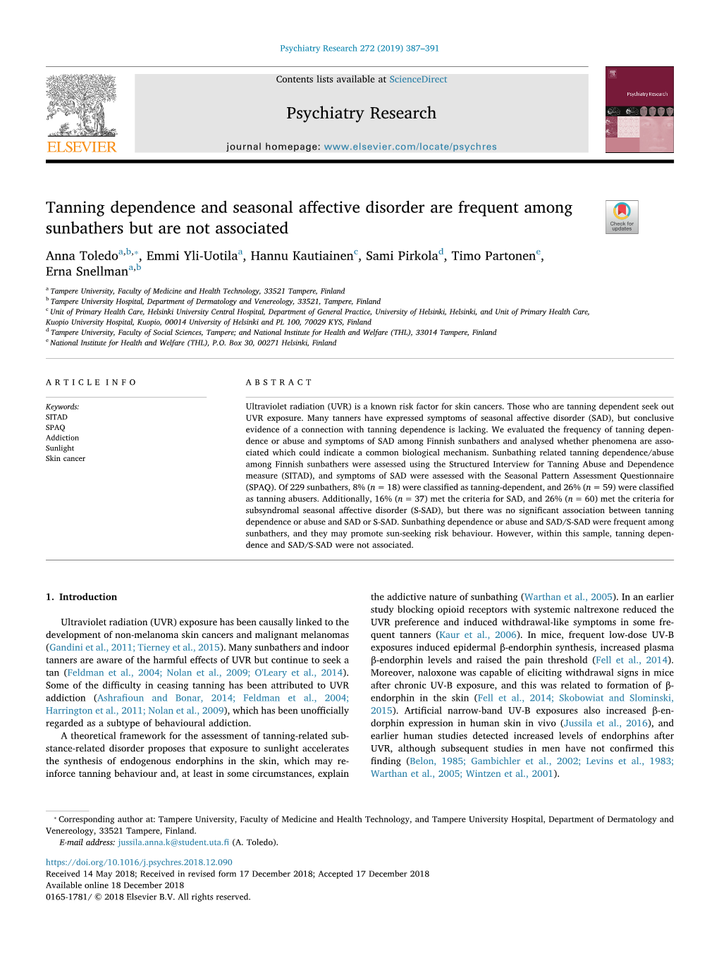 Tanning Dependence and Seasonal Affective Disorder Are Frequent