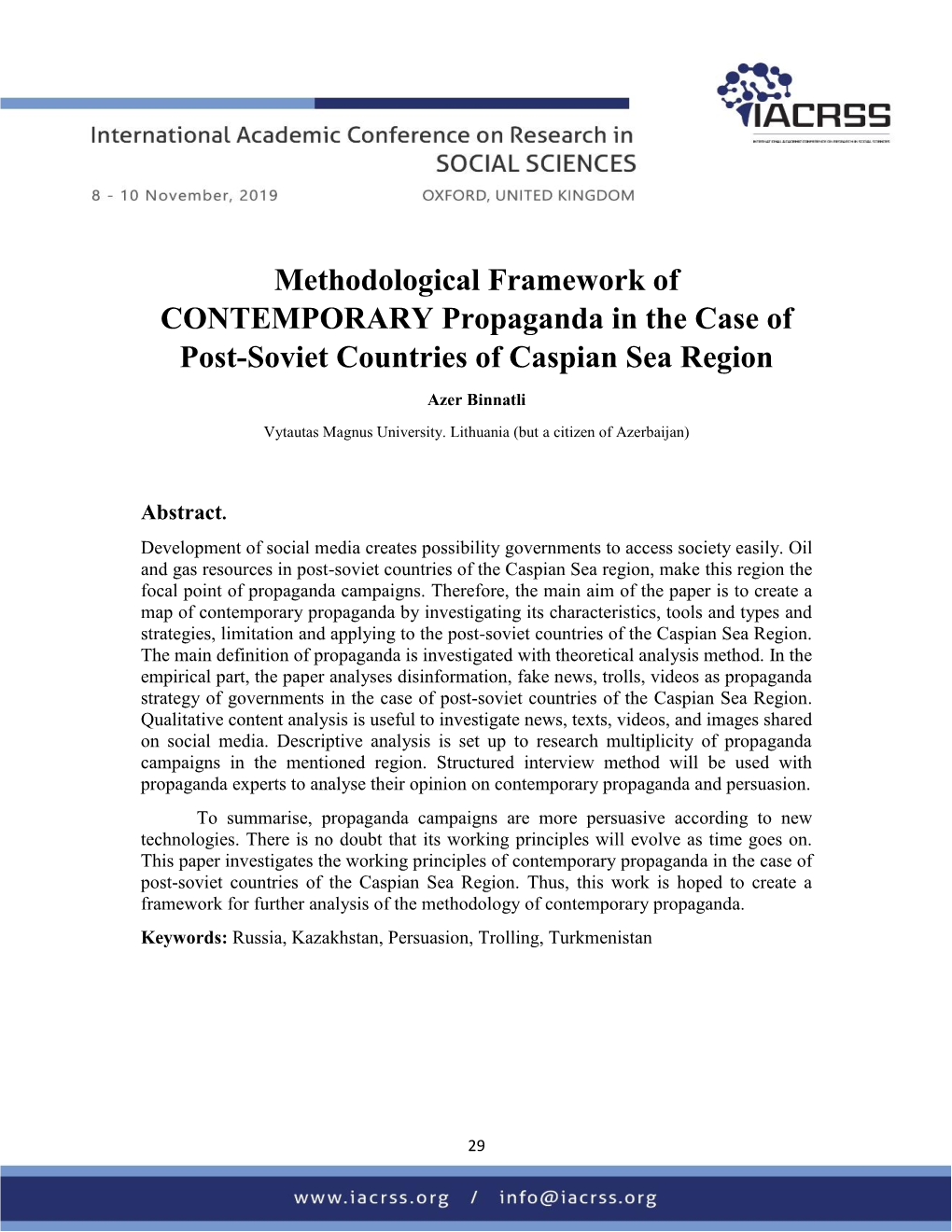 Methodological Framework of CONTEMPORARY Propaganda in the Case of Post-Soviet Countries of Caspian Sea Region