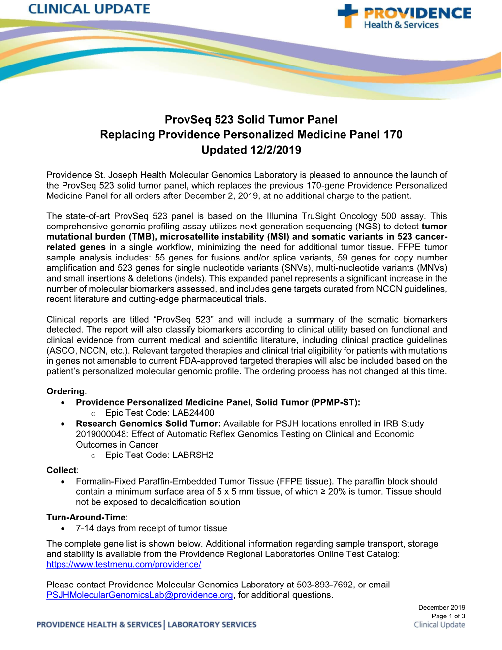 Provseq 523 Solid Tumor Panel Replacing Providence Personalized Medicine Panel 170 Updated 12/2/2019