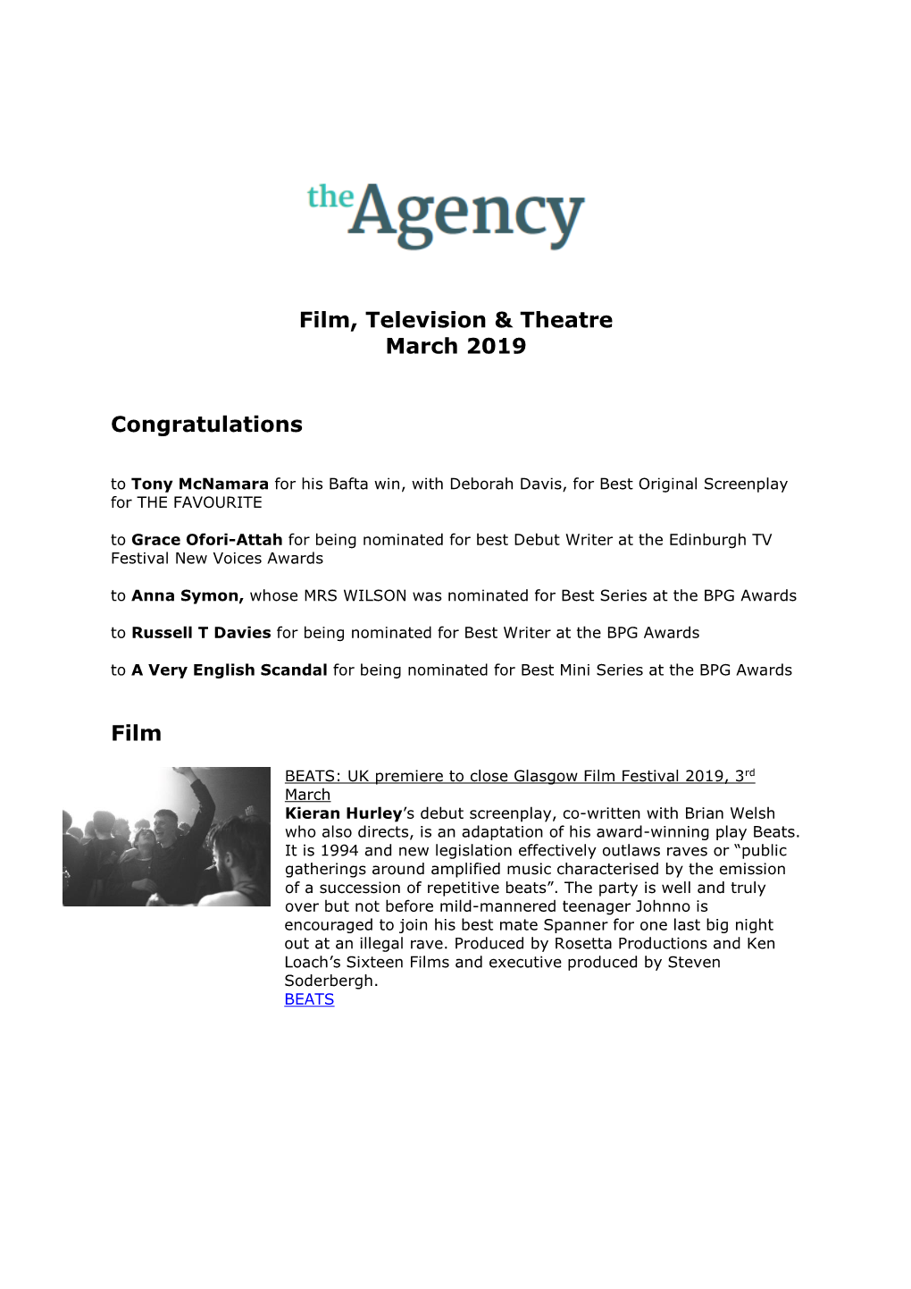 Film, Television & Theatre March 2019 Congratulations