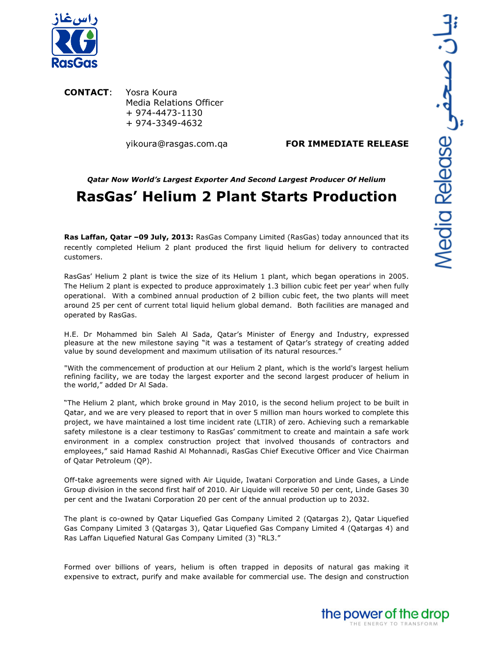 Rasgas' Helium 2 Plant Starts Production
